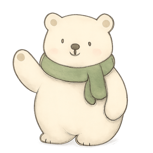 Bramble, a calm polar bear in a sage scarf, waving.